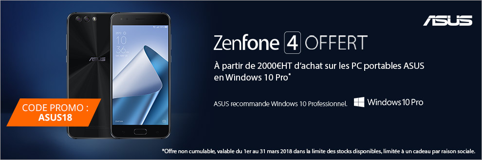 ASUS vous offre votre ZenFone 4 à partir de 2 000¤HT d'achat sur les PC portables ASUS en Windows 10 Pro. ASUS vous offre votre ZenFone 4 à partir de 2 000¤HT d'achat sur les PC portables ASUS en Windows 10 Pro.