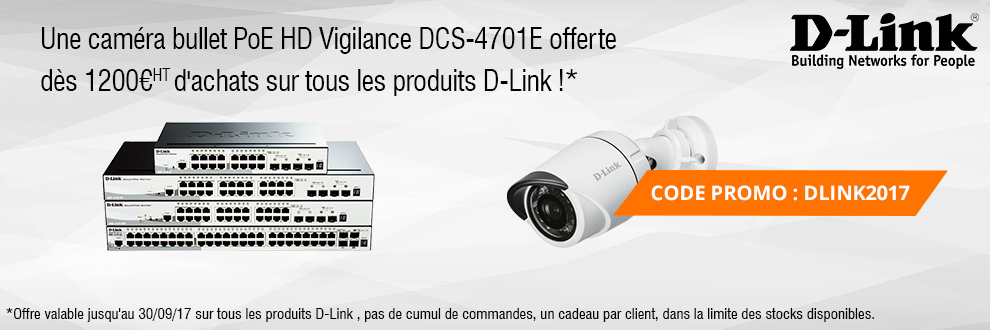 Une caméra bullet PoE HD DCS-4701E offerte dès 1200¤HT d'achats sur tous les produits D-Link ! Une caméra bullet PoE HD DCS-4701E offerte dès 1200¤HT d'achats sur tous les produits D-Link !