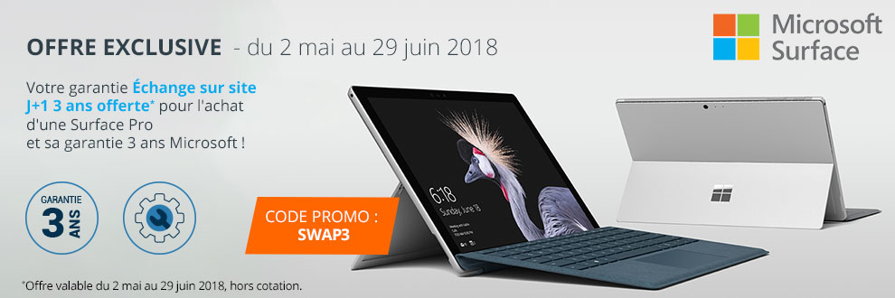Votre garantie Échange sur site J+1 3 ans offerte pour l'achat d'une Surface Pro et sa garantie 3 ans Microsoft !* Votre garantie Échange sur site J+1 3 ans offerte pour l'achat d'une Surface Pro et sa garantie 3 ans Microsoft !*