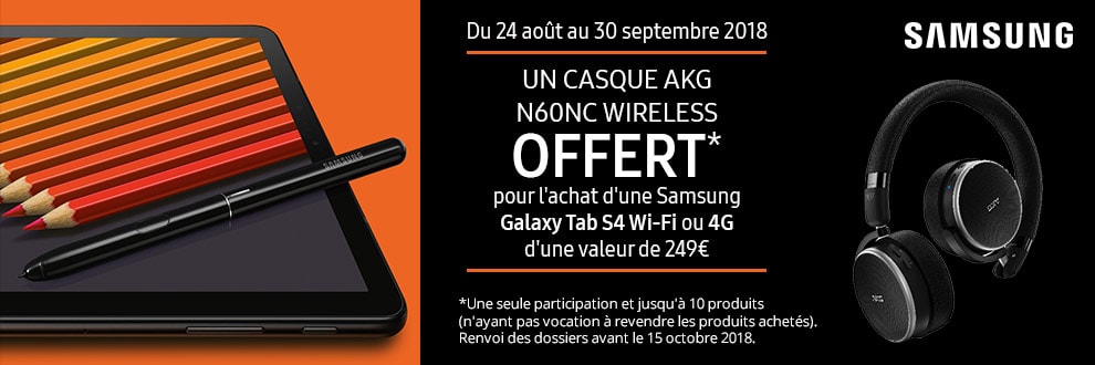 Un casque AKG offert pour l'achat de votre Samsung Galaxy Tab S4 Un casque AKG offert pour l'achat de votre Samsung Galaxy Tab S4