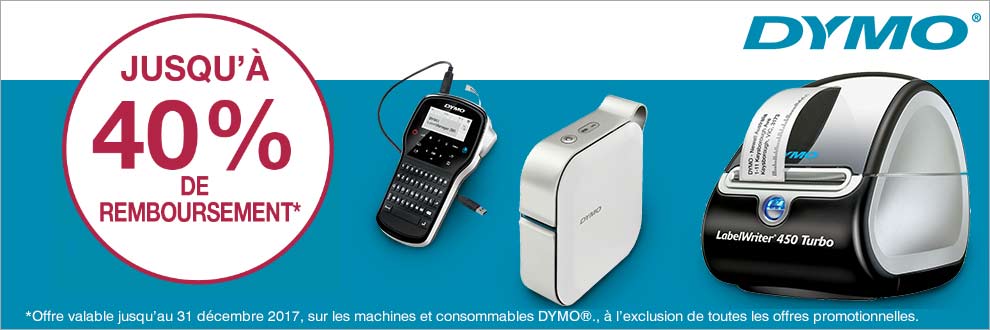Jusqu'à 40% de remboursement sur tous les produits Dymo ! Jusqu'à 40% de remboursement sur tous les produits Dymo !