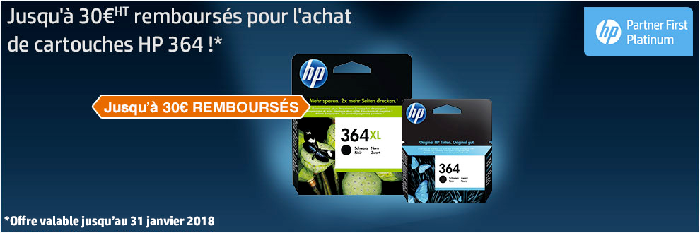 Jusqu'à 30¤ HT remboursés pour l'achat de cartouches HP 364 ! Jusqu'à 30¤ HT remboursés pour l'achat de cartouches HP 364 !