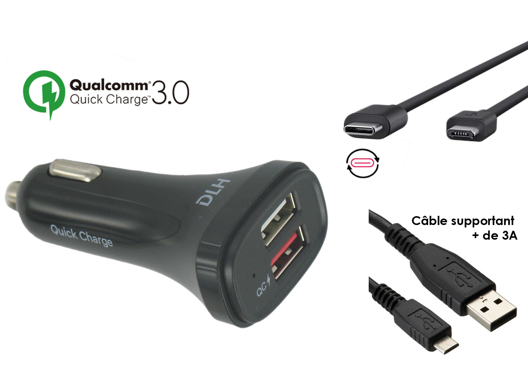 DLH - chargeur voiture USB-c et micro USB 20w