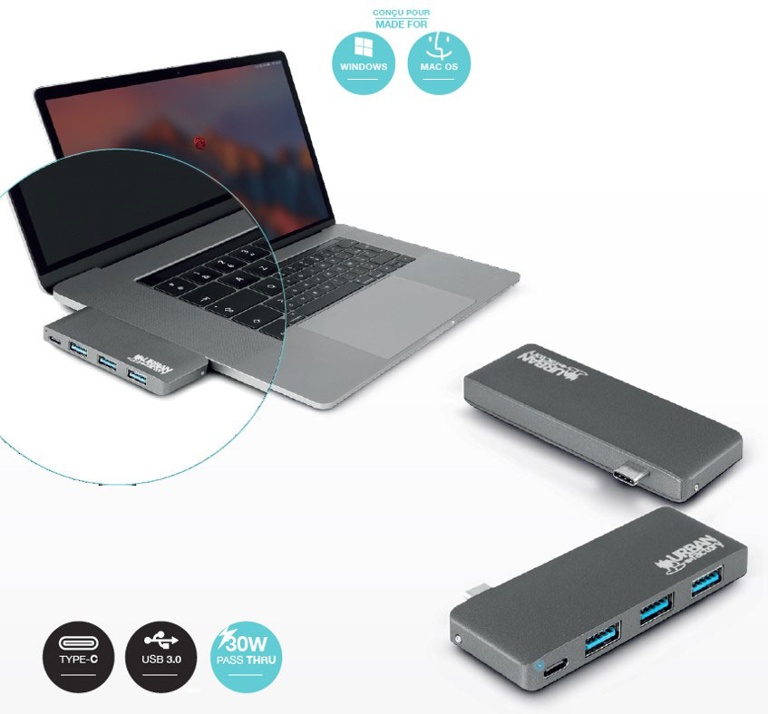 Urban Factory USB TYPE-C Hub avec 3xUSB 3.0