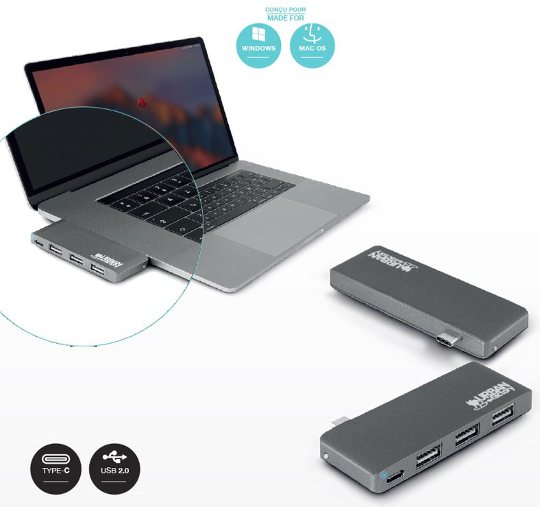 Urban Factory USB TYPE-C Hub avec 3xUSB 2.0
