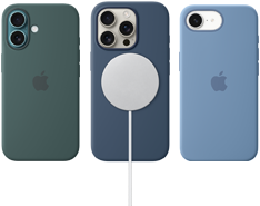 Divers accessoires MagSafe pour iPhone. Coque en silicone avec MagSafe pour iPhone 16, Vert lacustre, Coque en silicone avec MagSafe pour iPhone 16 Pro, Denim, connexion  un chargeur MagSafe, blanc, Coque en silicone pour iPhone 16e, Bleu d'hiver