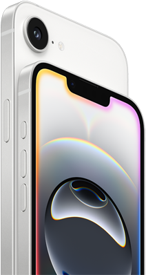 Vue latrale d'un iPhone 16e en blanc, ct, bouton action, boutons de rglage du volume et camra Fusion arrire