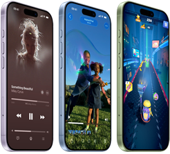 Plusieurs iPhone 17, face avant, ct, prsentant Apple Music, une lecture vido, des jeux vido, boutons : Action, rglage du volume