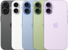 iPhone 17, face arrire, systme  deux camras Fusion, cinq couleurs superposes : noir, blanc, sauge, brume et lavande