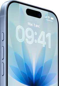 iPhone 17, face avant, couleur brume, Dynamic Island centr, boutons : bouton action, rglage du volume