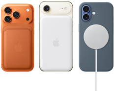 iPhone 17 Pro, face arrire, coloris orange cosmique, avec coque en silicone couleur sienne et Porte-cartes en tissage fin avec MagSafe couleur roux orang ; iPhone Air, face arrire, coloris blanc nuage, avec Batterie Magsafe ; iPhone 17, face arrire, coloris brume, avec coque en silicone couleur bleu maritime et chargeur MagSafe