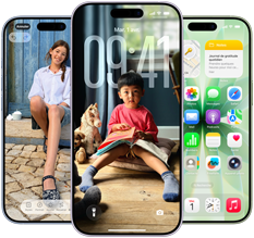 iPhone 17, face avant, Dynamic Island centr vers le haut, trois couleurs : brume, lavande, sauge