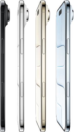 iPhone Air, côté, quatre finitions disponibles, bleu ciel, or clair, blanc nuage, noir sidéral, profil très fin, système caméra Fusion, boutons : latéral, Commande de l'appareil photo