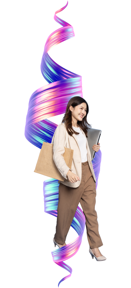 Femme d'affaire qui marche pc portable  la mains devant une illustration de tourbillon rose