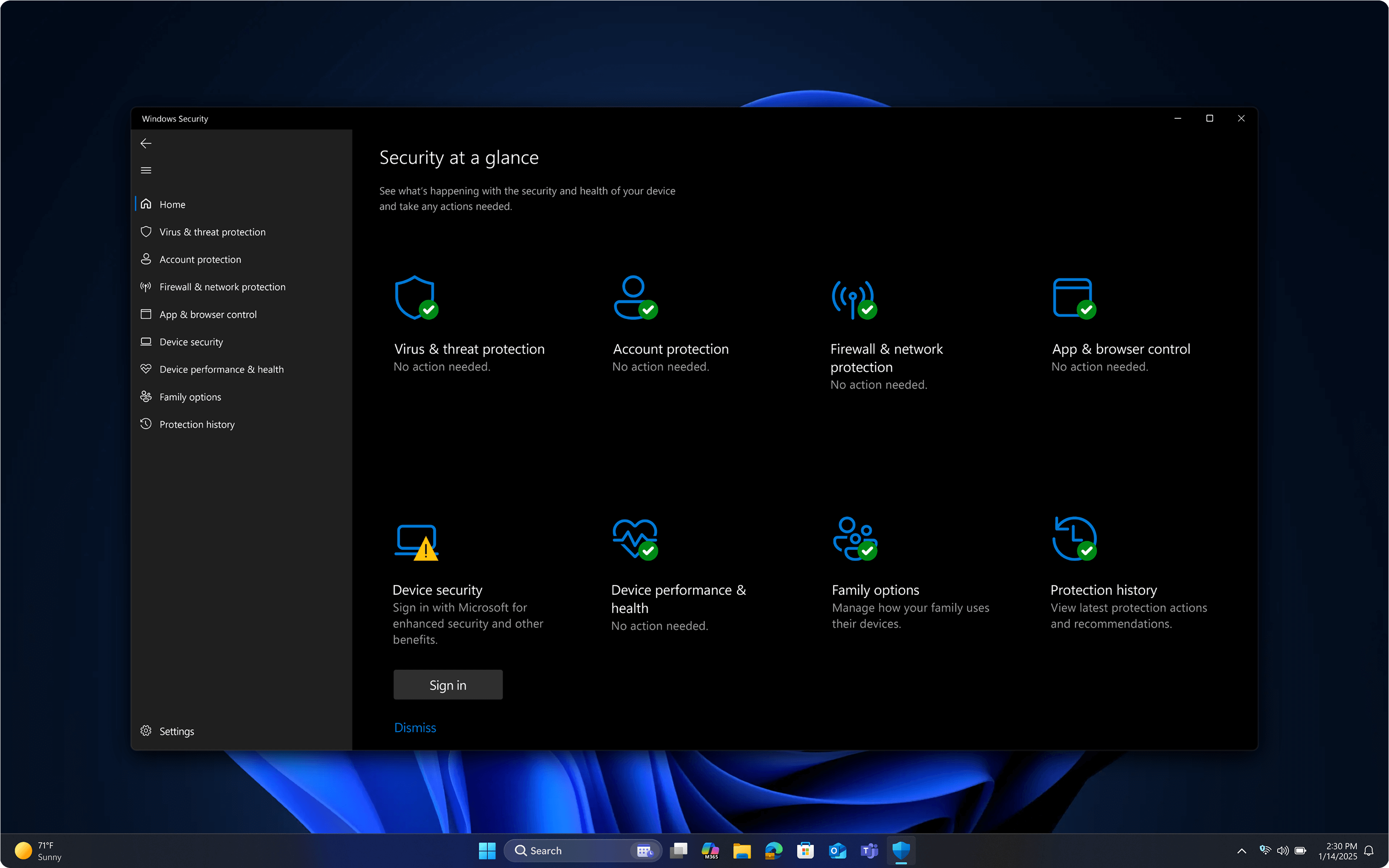 Tableau de bord de scurit Windows 11 Professionnel